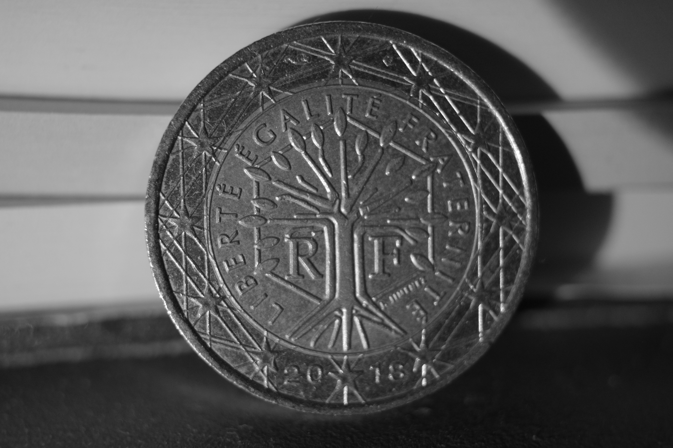 French 2 Euros coin close-up, black-and-white photo.